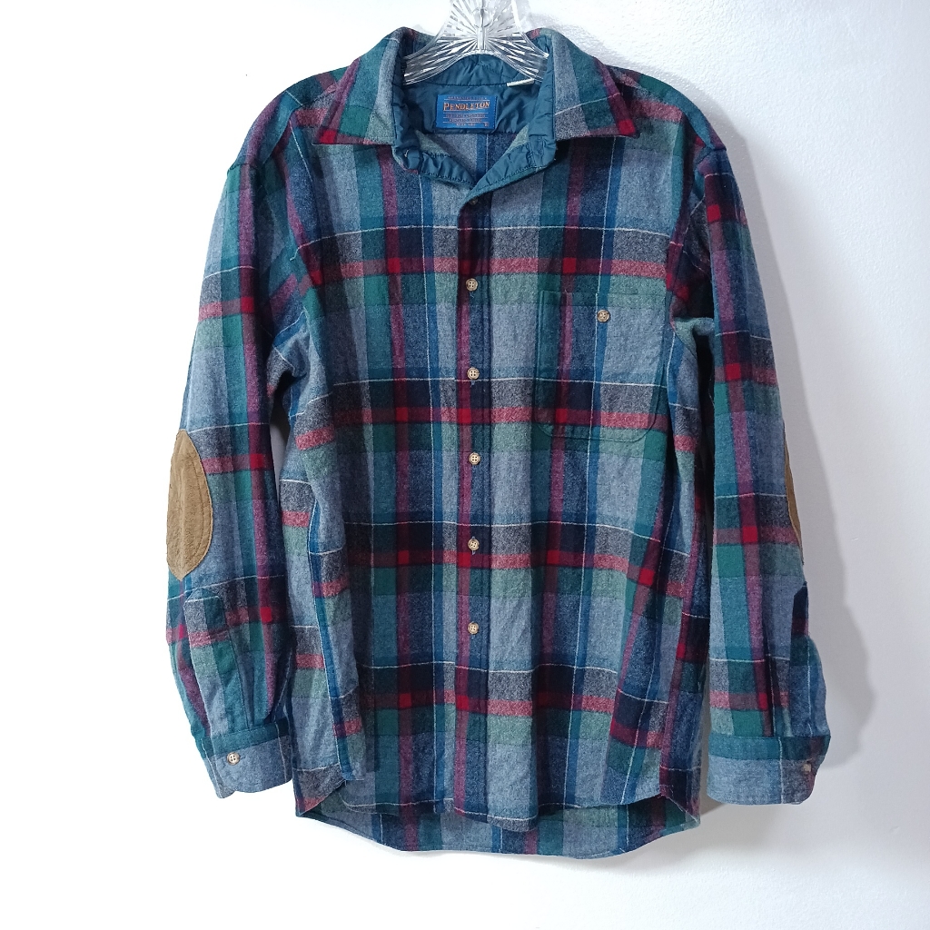 Pendleton Trail Shirt 100% Virgin Wool Elbow Patch Plaid Flannel In Blue Size L
